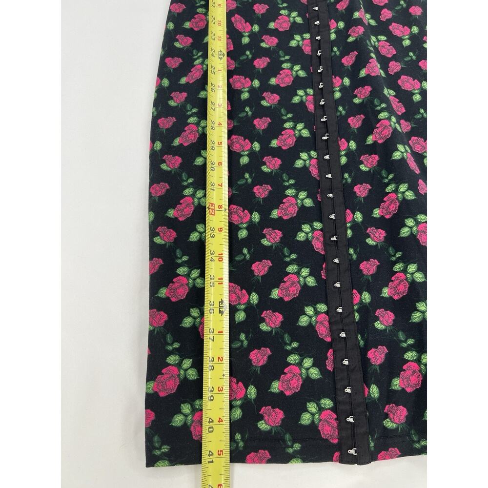 Betsy Johnson Rose Print Bodycon Dress Small Black Pink Floral Puff Sleeve Midi - Picture 8 of 13